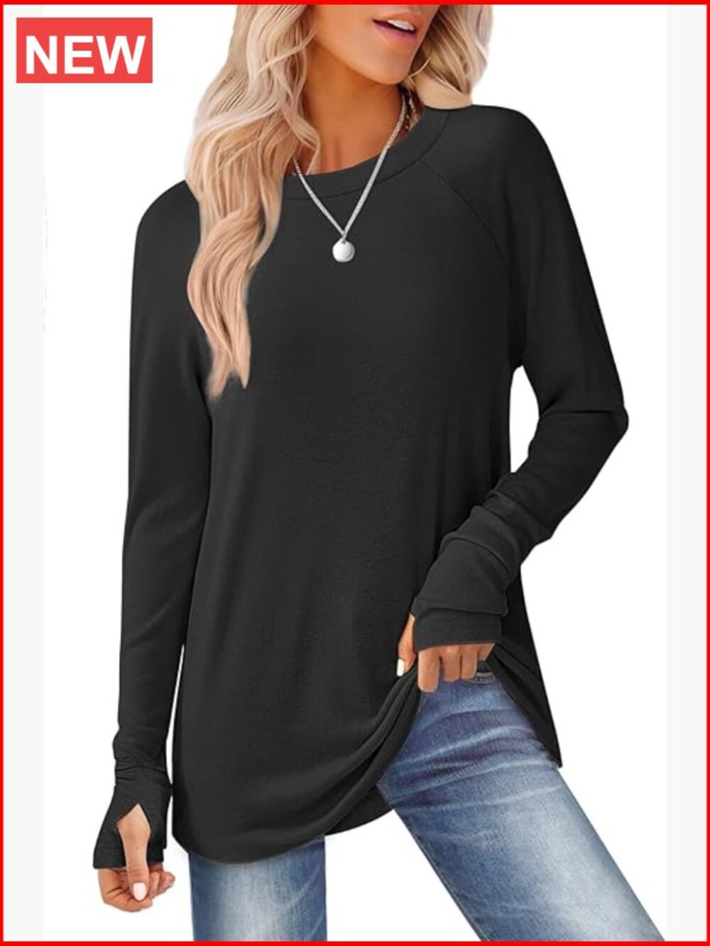 Long Sleeve Tunic Top with Thumb Holes, Rayon Blend, Loose Fit